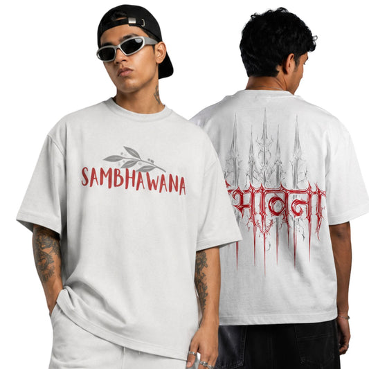 SAMBHAWANA Oversized Drop-Shoulder T-Shirt, Off-White, Premium Heavyweight Cotton, Streetwear Graphic Print, Relaxed Fit