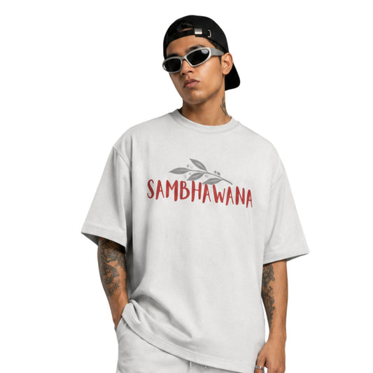 SAMBHAWANA Oversized Drop-Shoulder T-Shirt, Off-White, Premium Heavyweight Cotton, Streetwear Graphic Print, Relaxed Fit