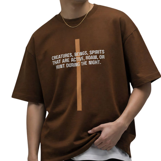 Nishachar | Brown Oversized Graphic T-Shirt – Minimal Typography Streetwear | Night Creatures Quote Tee | DOSSER